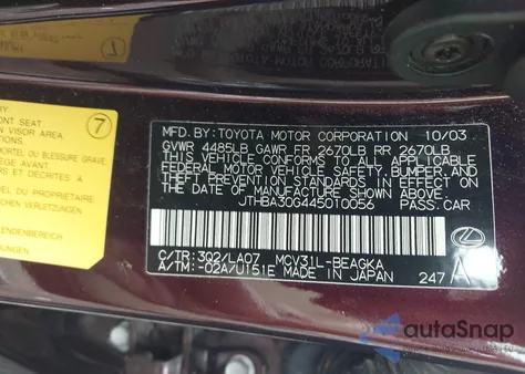 2004 Lexus Es 330 z USA, uszkodzony, nr VIN JTHBA30G445010056